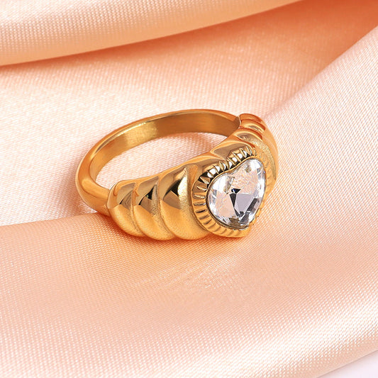 Unisex Heart Shaped Ring White Zircon Inlaid 8K Gold Plated Stainless Steel Geometric Letter Text Pearl Design