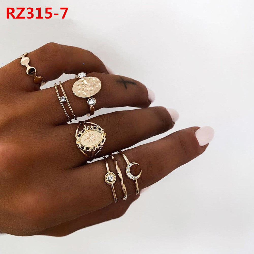 Womens Bohemian Ring Set Geometric Inlaid Gemstones Alloy Electroplated European Style Rings Jewelry Set Gifts