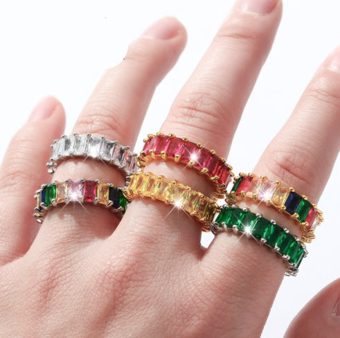 Iridescent Zircon Ring Shape Micro Set Geometric Design Alloy Hip Hop Jewelry Geometric Statement Elegant Chic