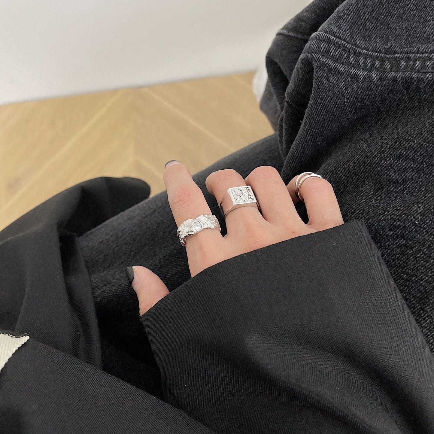 Thai Silver S925 Womens Ring Geometric Irregular Lava Design Korean Style Silver Ring For Daily Wear And Style