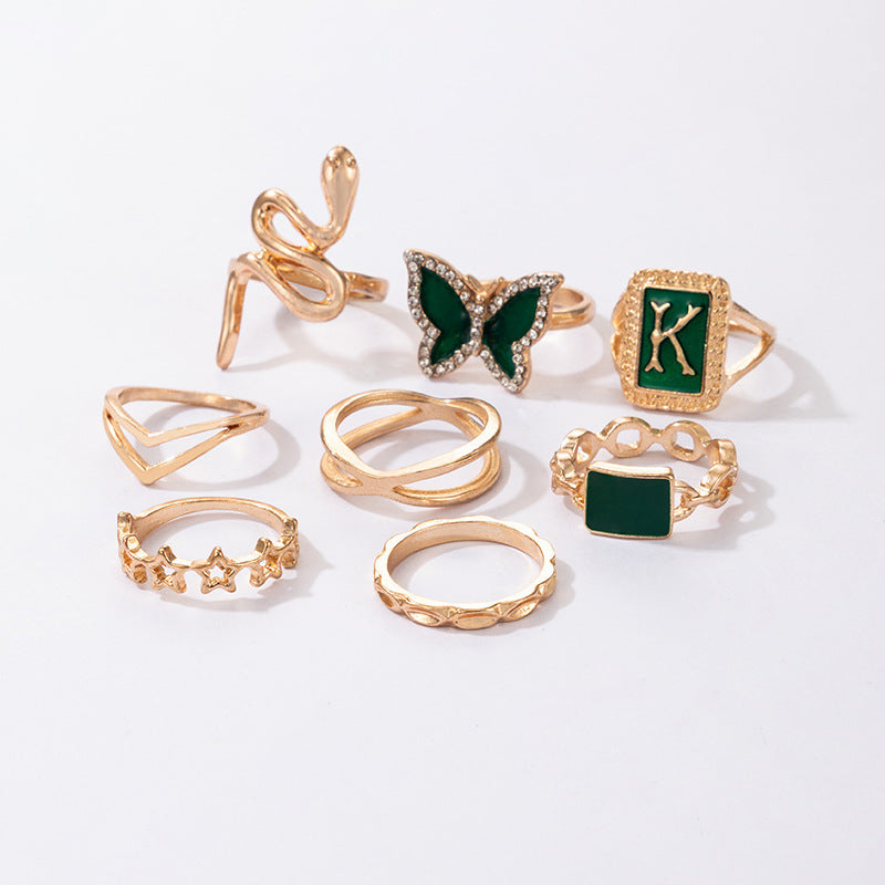 Unisex Alloy Ring Set Geometric Design Snake and Butterfly Rings Gold Green Electroplated Fashion Jewelry 8 Sets