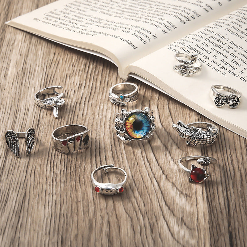 Unisex Animal Grimace Eye Ring Set Of 10 Durable Alloy Inlaid Rings For Party Wear Fashion Jewelry Gift Accessories
