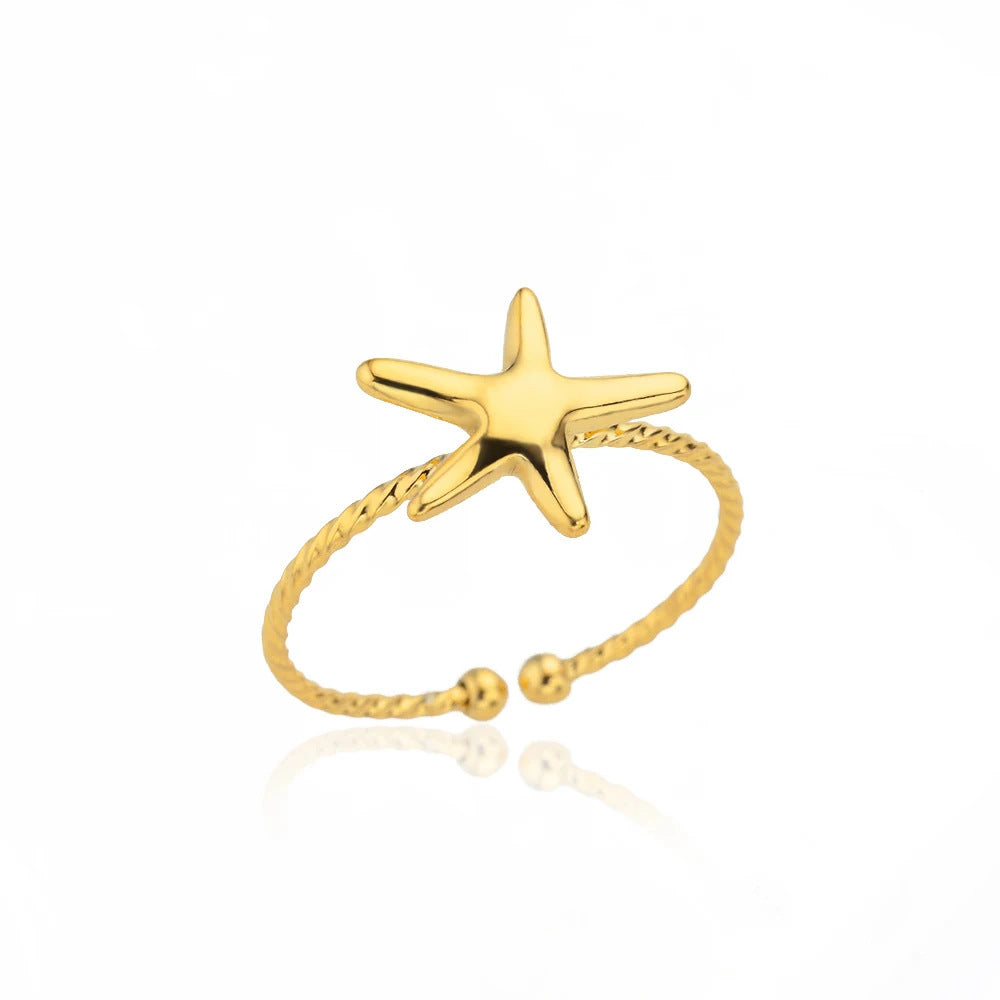 Stainless Steel Open Ring Irregular Plaid Five Pointed Star Geometry Ring Vacation Beach Summer For Travel Pro