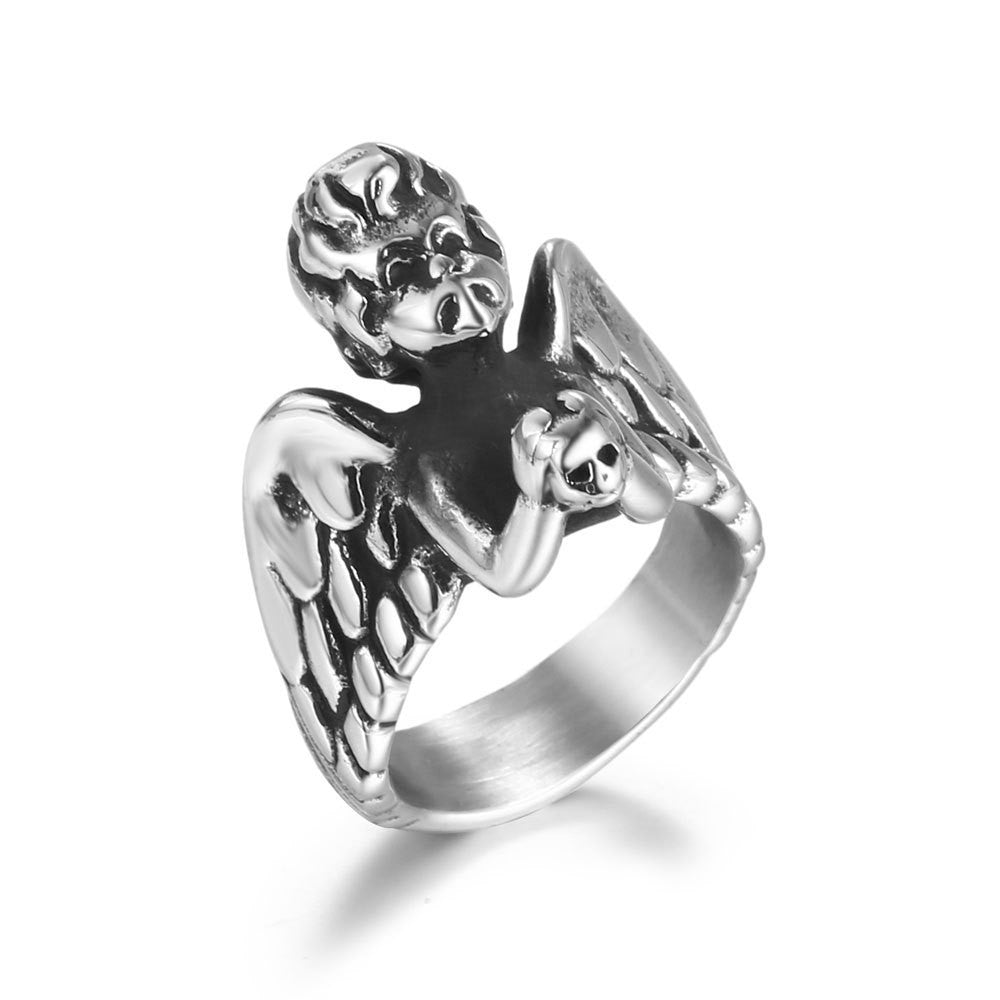 Mens Ring Titanium Angel Casting Polished Durable Metal Unique Design Fashion Jewelry Statement Accessory Gift