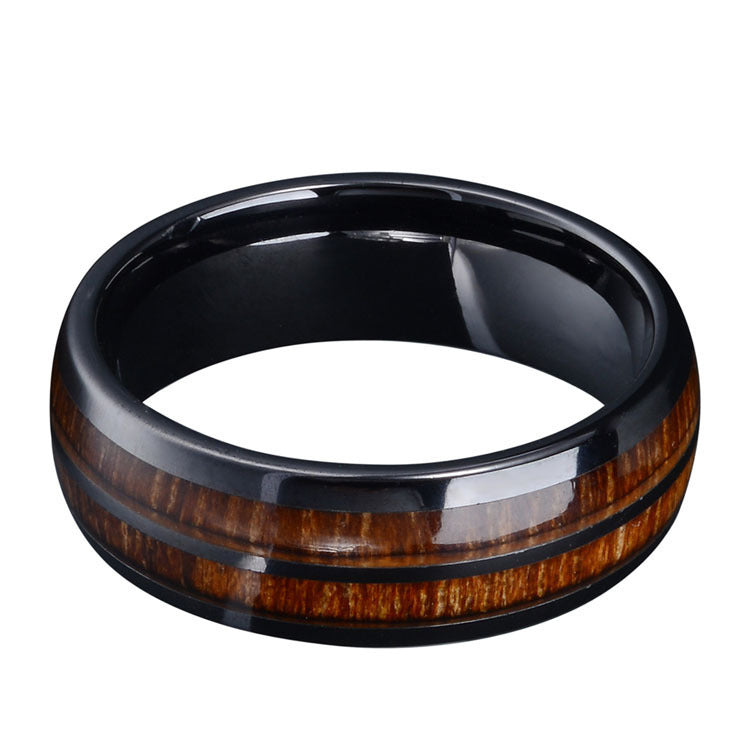 Black Stainless Steel Ring Double Fluted Wood Grain Design Geometric Fashion Jewelry Unisex Durable Versatile