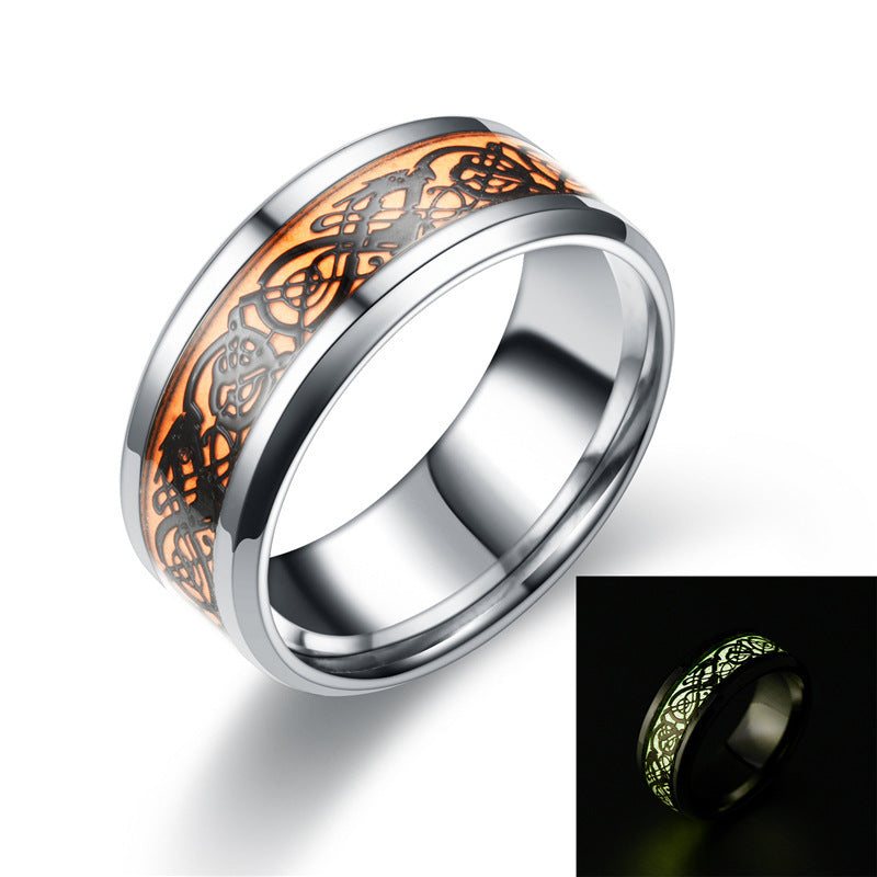 Stainless Steel Luminous Ring For Everyday Wear Sturdy Polished Band Jewelry With Orange Black Accent And Glow