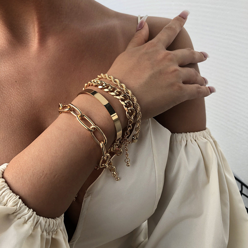 Womens Alloy Bracelet Exaggerated Thick Chain Layered Fashion Jewelry Electroplated Imitation Gold Finish Bracelet