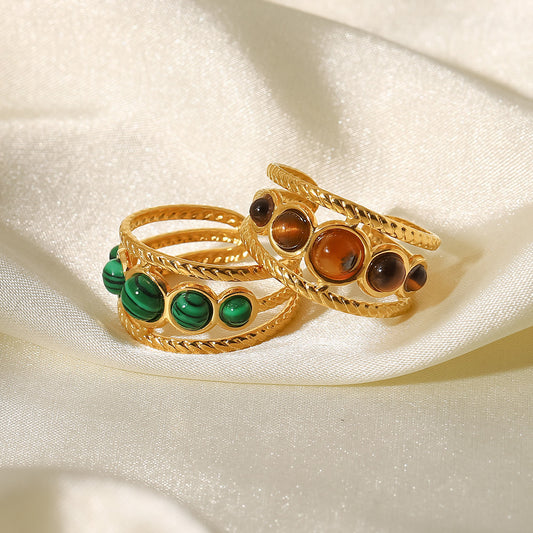 Women Stainless Steel Hollow Ring All Match Five Green Malachite Tigereye Geometric Band Everyday Wear Styles