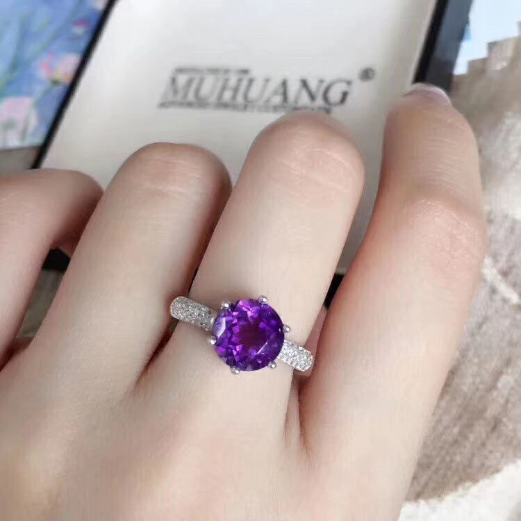 Copper Ring With Deep Amethyst Round Gem Inlay Adjustable Opening European Style Jewelry Elegant Everyday Look
