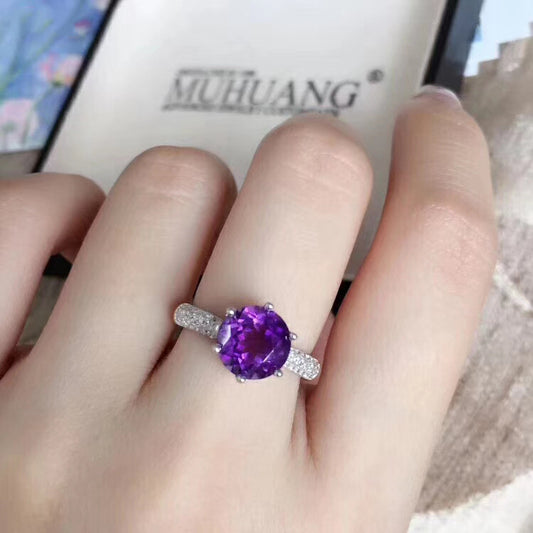 Copper Ring With Deep Amethyst Round Gem Inlay Adjustable Opening European Style Jewelry Elegant Everyday Look