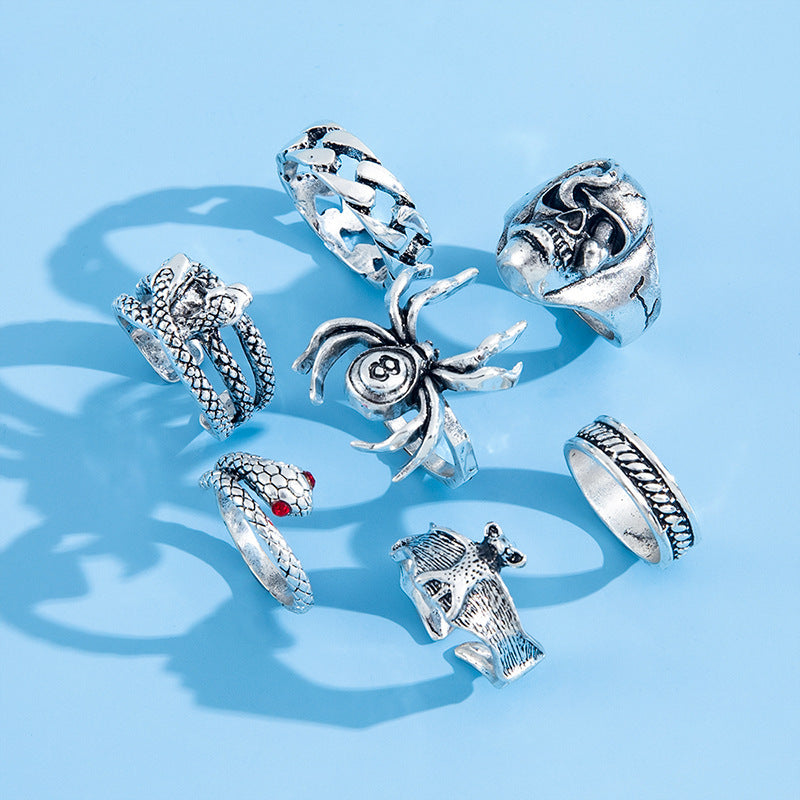 Vintage Style Alloy Ring Set Minimalist Geometric Rings With Spider Snake Bat Skull Decor For Women Style Gift