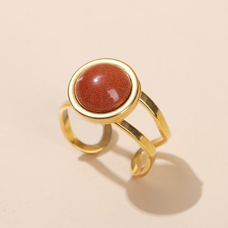 Gold Tone Stone Ring Open Adjustable Titanium Steel Jewelry