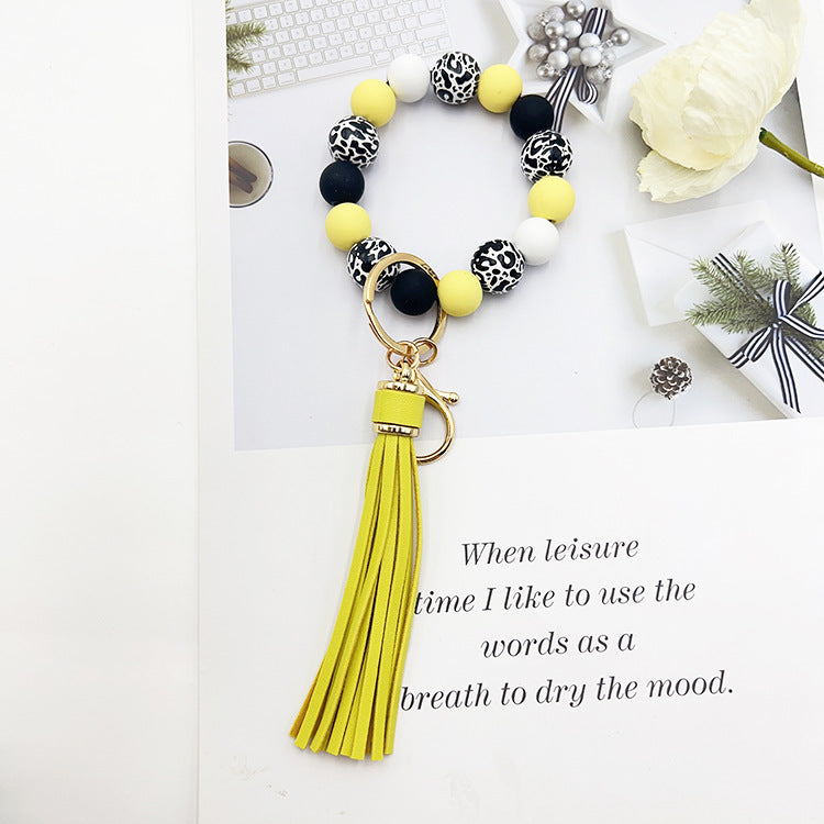 Wooden Bead Keychain Leopard Pattern White Background 21cm Length Round Beads For Pendants Bracelets Keychains