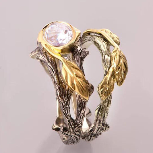 Gold Plated Branch Ring With Zircon Inlaid European Style Metal Jewels For Festivals And Fashion Festival Gift