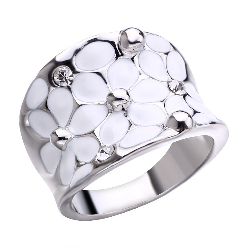 Womens Floral Ring Elegant White Gold Plated Flower Jewelry Alloy Ring Sizes 6 7 8 9 10 Style For Everyday Use