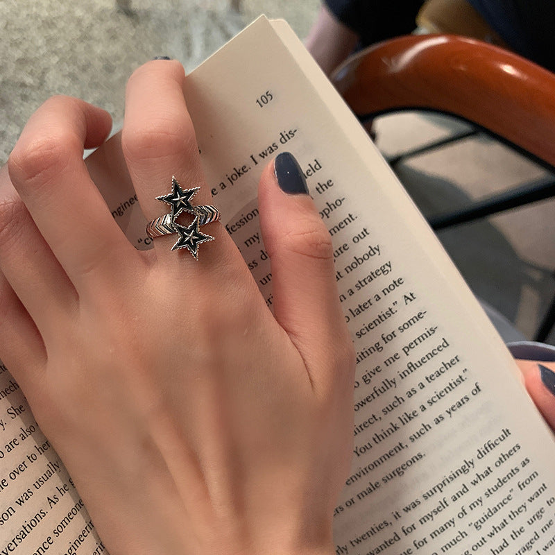 Womens Double Star Ring Adjustable Opening Thai Silver Plated Ring Korean Fashion Jewelry Retro Design Package