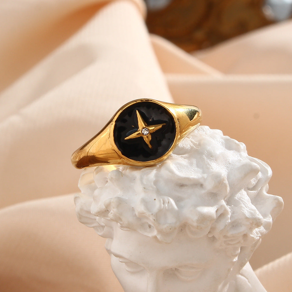 Ladies Stainless Steel Rings With Compass Disc Geometric Retro Fashion Jewelry For Women And Girls Black White
