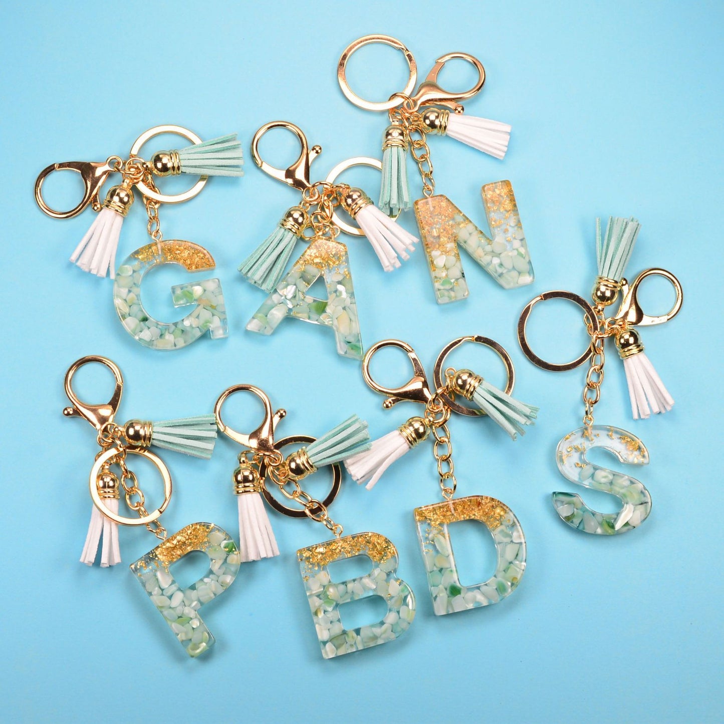 Resin Letter Keychain With Gold Foil Tassel And Alphabet Initial Keyrings For Purses Bags Backpacks Decoration