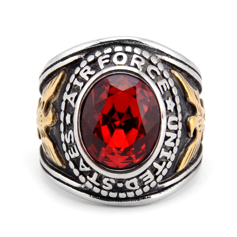 Spreading Wings Eagle Gemstone Ring Stainless Steel Vintage Style Army Ring Gold Plated Inlaid Gems Fine Craft