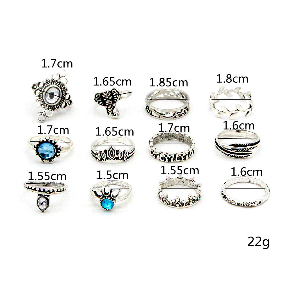Womens Boho Vintage Gemstone Elephant Rings Alloy Geometric Statement Rings Electroplated Silver Ring Set Boho Ring Set