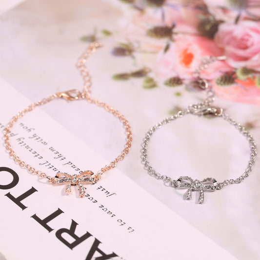 Womens Elegant Rhinestone Bow Bracelet Rose Gold Finish Alloy Hand Jewelry Rhinestone Bracelet For Women And Girls