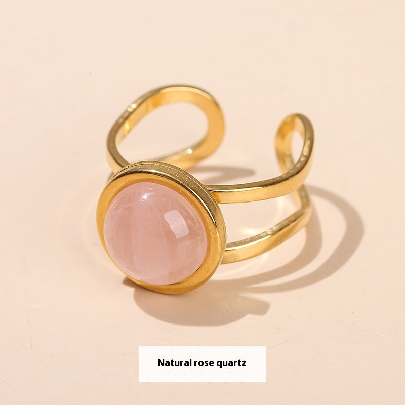 Gold Tone Stone Ring Open Adjustable Titanium Steel Jewelry