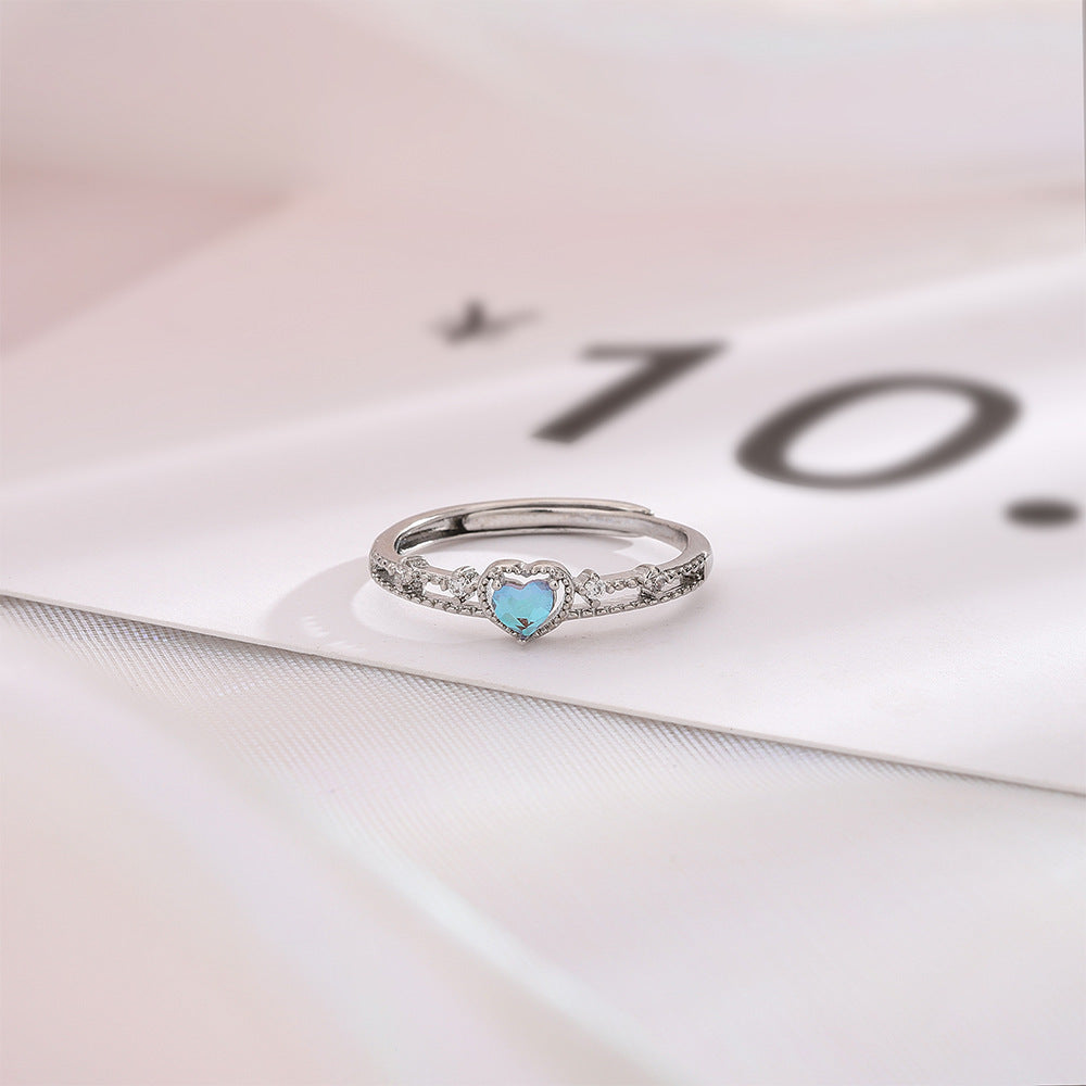 Moonstone Heart Ring for Women Open End Adjustable Copper Ring with Zircon Inlaid Double Layer Style Elegant Design
