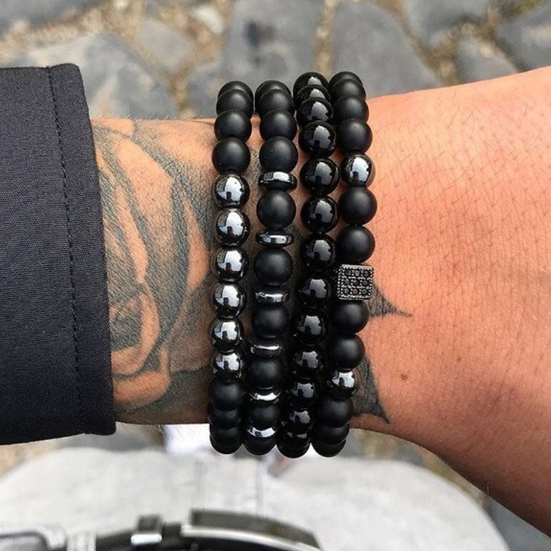 Mens Beaded Bracelet Handmade With European Geometric Stone Charm And Bright Black Zircon Matte Imperial Tiger