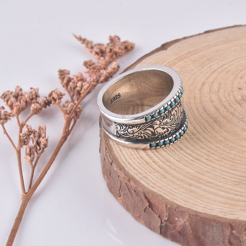 Unisex Turquoise Inlaid Flower Ring Sterling Silver Gemstone Engagement Wedding Band European American Classic