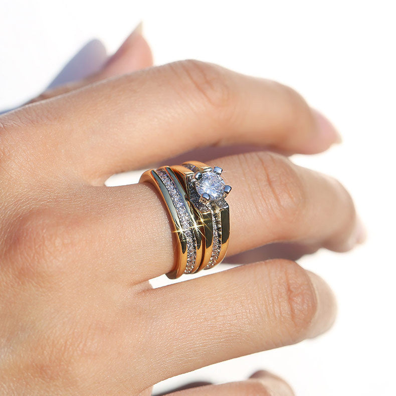 Gold Plated Zircon Inlay Ring for Women Geometric Copper Base Dainty Stackable Fashion Jewelry Anniversary Gift