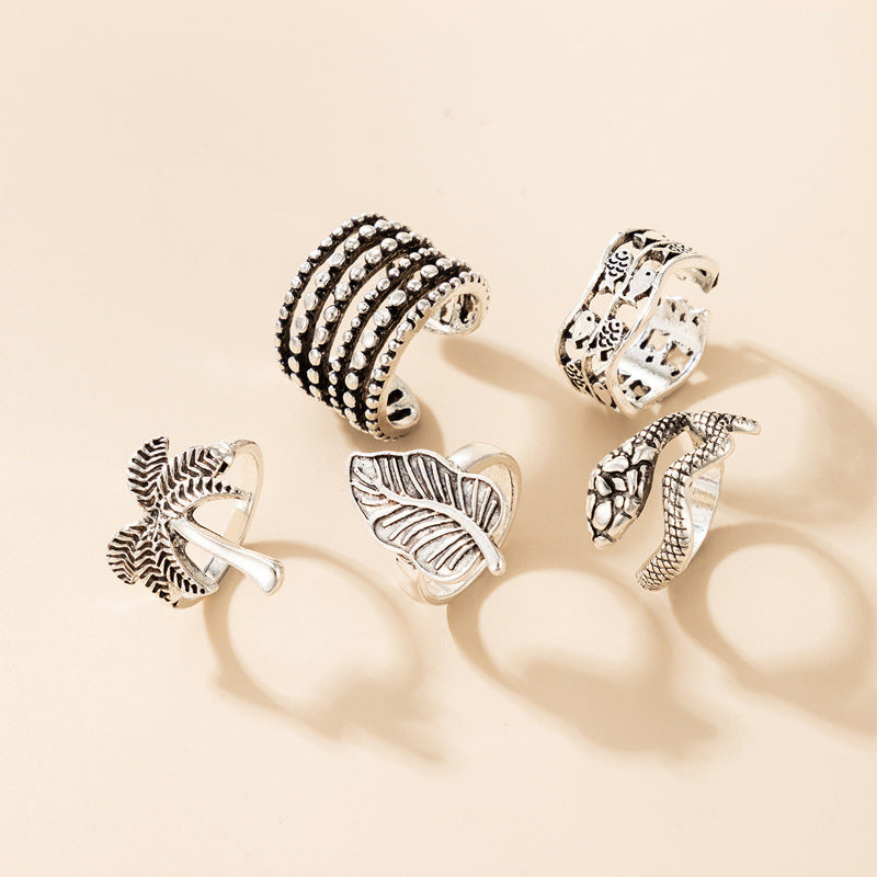 Gold Plated Adjustable Ring Set Retro Opening Design Featuring Fish Snake Coconut Tree And Leaf Shapes Jewelry