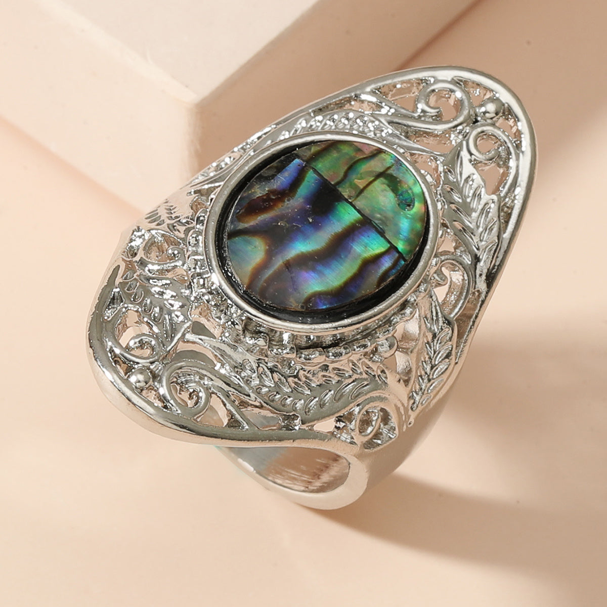 Womens Leaf And Flower Ring With Pendant Adjustable Alloy Ring For Women And Girls Size 6 7 8 9 10 Shell Inlay