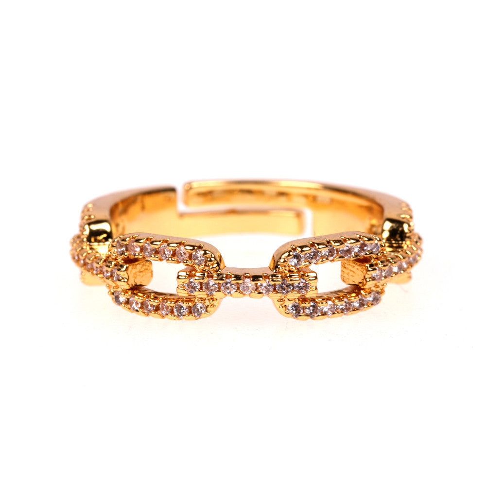Copper Chain Ring With Zircon Gold Plated Adjustable Fashion Jewelry For Women European American Style Sparkle