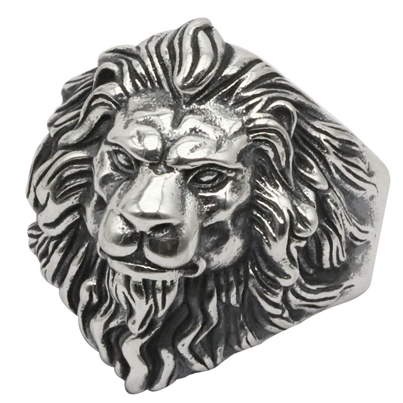 Lion Head Mens Ring Vintage Silver Plated Copper Wide Face Adjustable Statement Ring Dominant Animal DesignPro