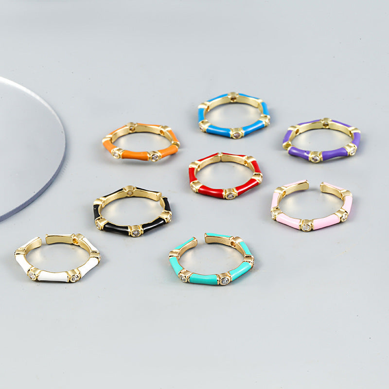 Womens Ring Zircon Set Drip Oil Copper Bamboo Design Adjustable Fashion Accessory Durable Statement Piece Size