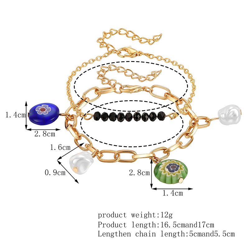 Womens Alloy Bracelet Pearl Flower Tassel Design Geometric Bangle Gold Plated Metal Trendy Bracelet Color Gold