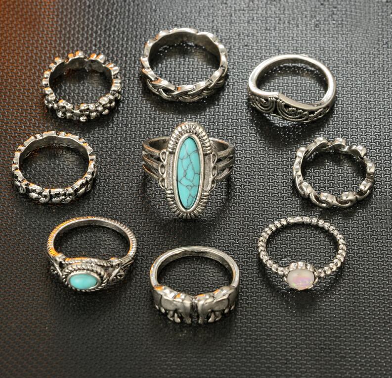 Womens Silver Ring Set With Turquoise Elephant Flower Gem Geometric Retro Ethnic Jewelry Hand Accessories Sets