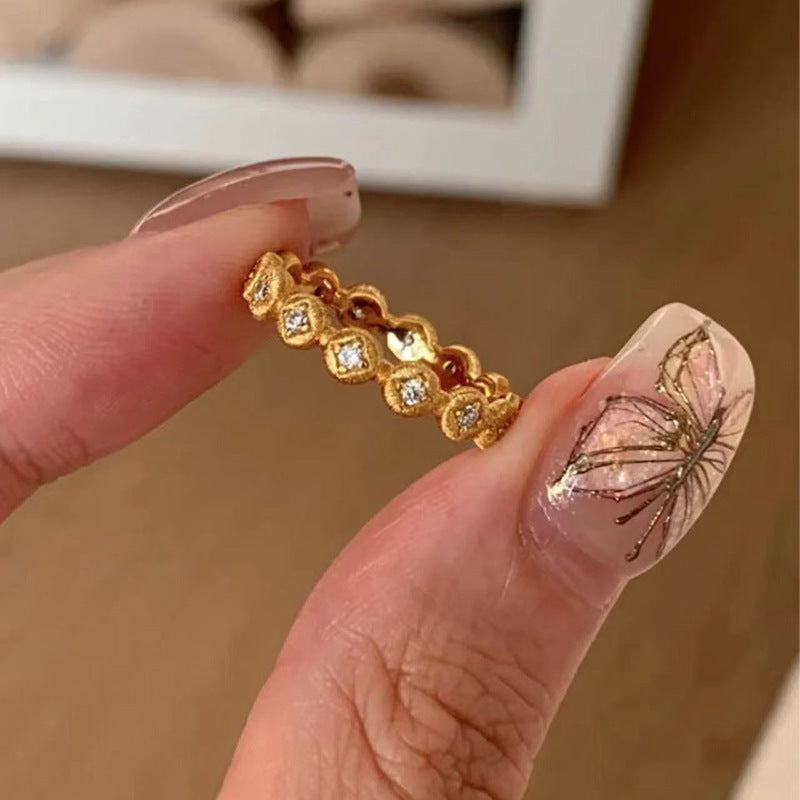 Womens Open Ring Geometric Copper Ring Electroplated With Brushed Zircon Detailing Niche Design Jewelry Crafted