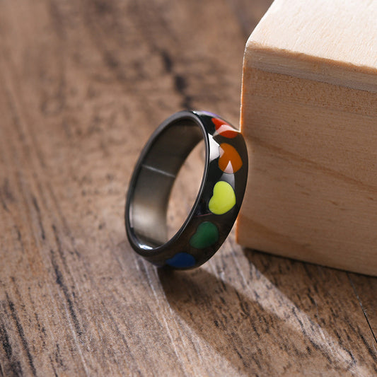Women's Heart Shaped Rainbow Epoxy Rings in Titanium Stainless Steel Jewelry Elegant Trendy Gifts Classic Glow