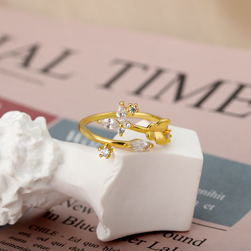 Womens Adjustable Flower Ring Zircon Gold Inlaid Copper