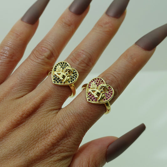 Womens Ring 18K Gold Plated Zircon Heart Shaped Adjustable Copper Base Promise Engagement Gift Jewelry For Her