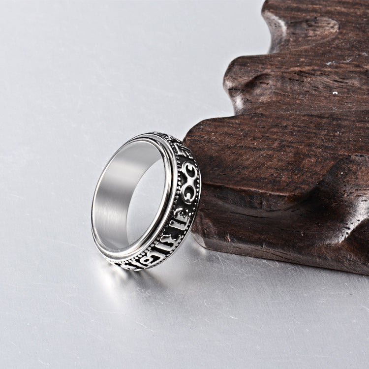 Men's Titanium Steel Ring Vintage Rotating Mantra Band Ring with Six Character Inscription Retro Inspired Ring Perfect Gift for Him