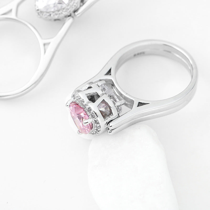 Two Tone Love Diamond Ring For Two Women Matching Heart Double Ring Jewelry White Copper Plated Finish Platinum Shine