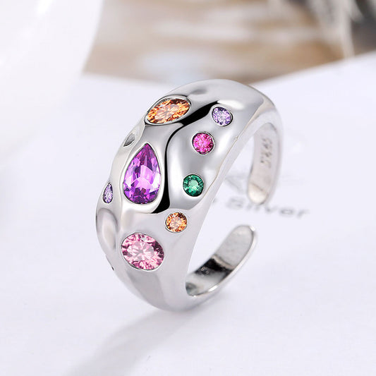 Womens Colorful Rhinestones Ring Adjustable Coppery White Gold Plated Fashion Jewelry Statement Piece Everyday