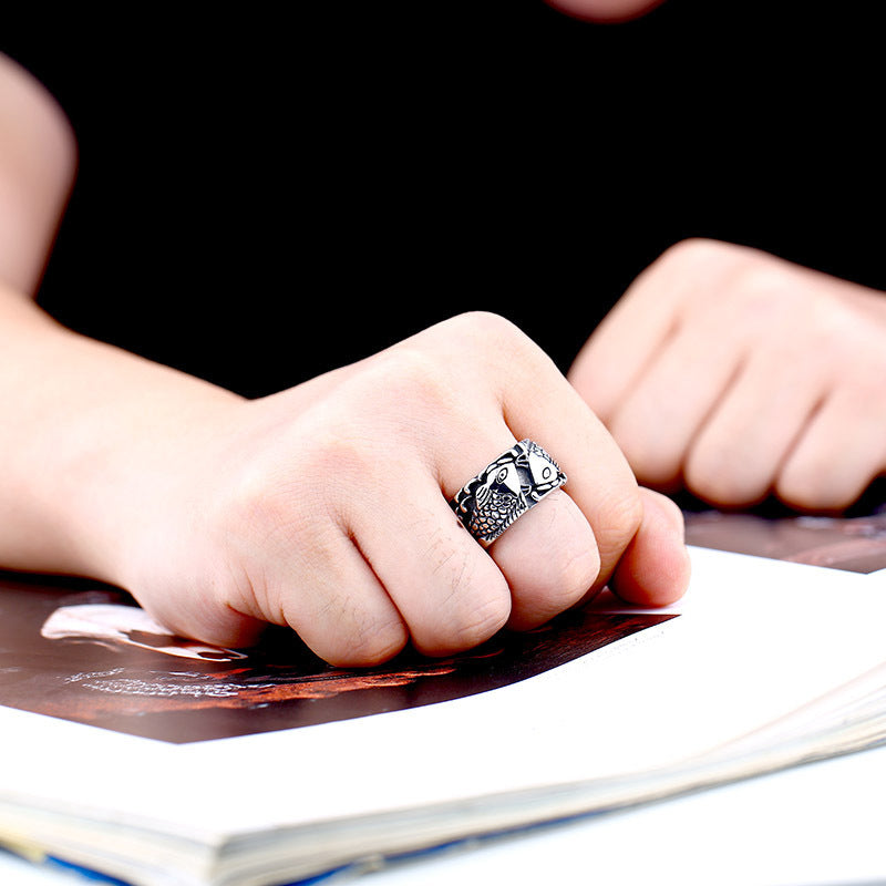 Pisces Embossed Ring Exquisite Stainless Steel Mens Zodiac Animal Ethnic Style Titanium Baking Varnish Type Us