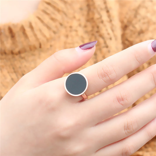 Rose Gold Titanium Steel Ring With Black Disc Vintage Style Index Finger With Geometric Accent And Finish Glow