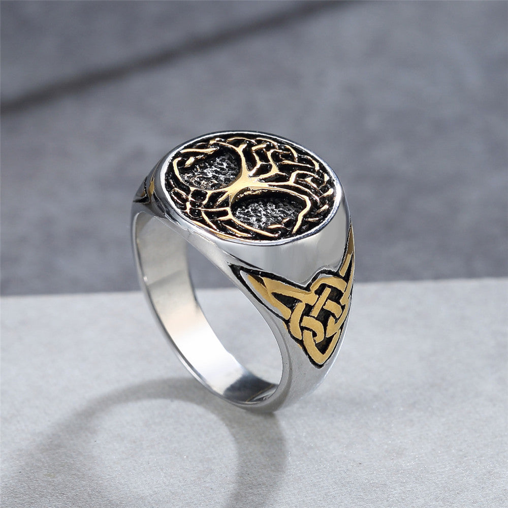 Men's Viking Tree Of Life Ring Titanium Steel Band Geometric Jewelry Gift for Him Personality Ring Steel or Gold Color Norse Mythology Ring