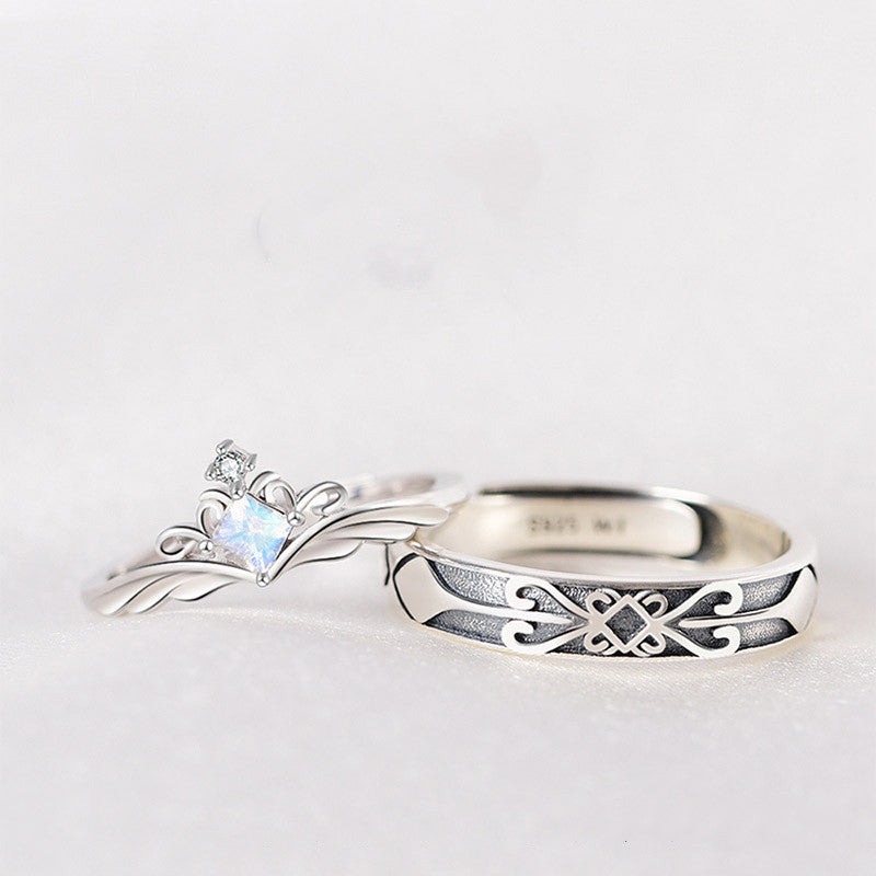 Couple Rings Vintage Adjustable Crown Rings Copper White Gold Moonstone Inlay Wedding And Anniversary Jewelry Set
