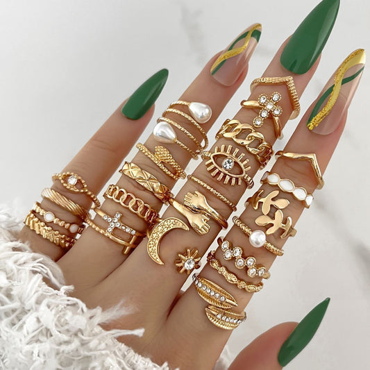Womens Knuckle Rings Set 23 Pcs Trendy Ins Style Drop Shape Rings Cross Pearl Sun Moon Eye Gold Silver Alloy Female