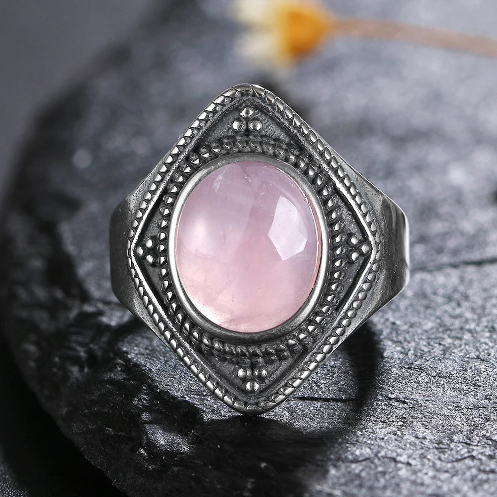 Retro Pattern Crystal Gemstone Flower Ring Pink Copper For Women US Sizes 06 07 8 9 10 Elegant Vintage Jewelry